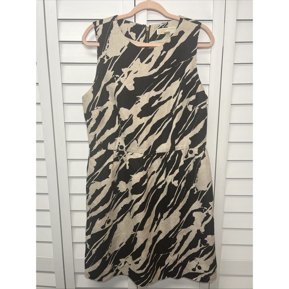 Michael Kors Dresses & Skirts - Michael Kors 100% Linen Abstract Sleeveless Shift Dress Size 12 Khaki & Black